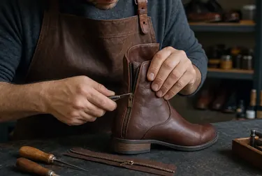 Profissional consertando o zíper de uma bota em Chapecó.