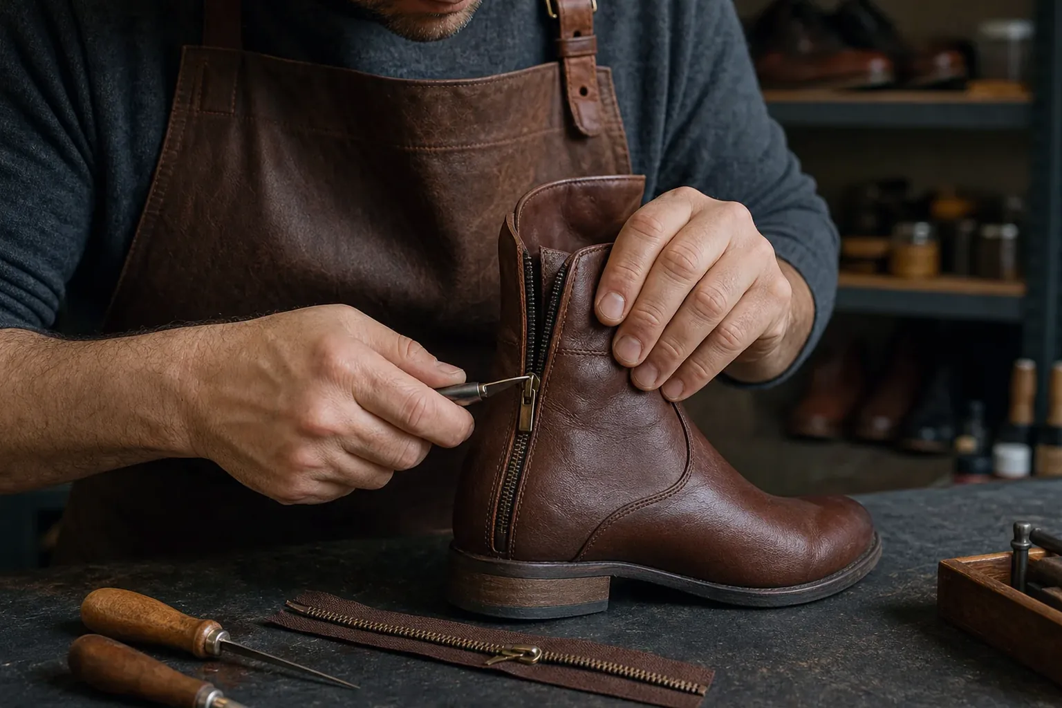 Profissional consertando o zíper de uma bota em Chapecó.